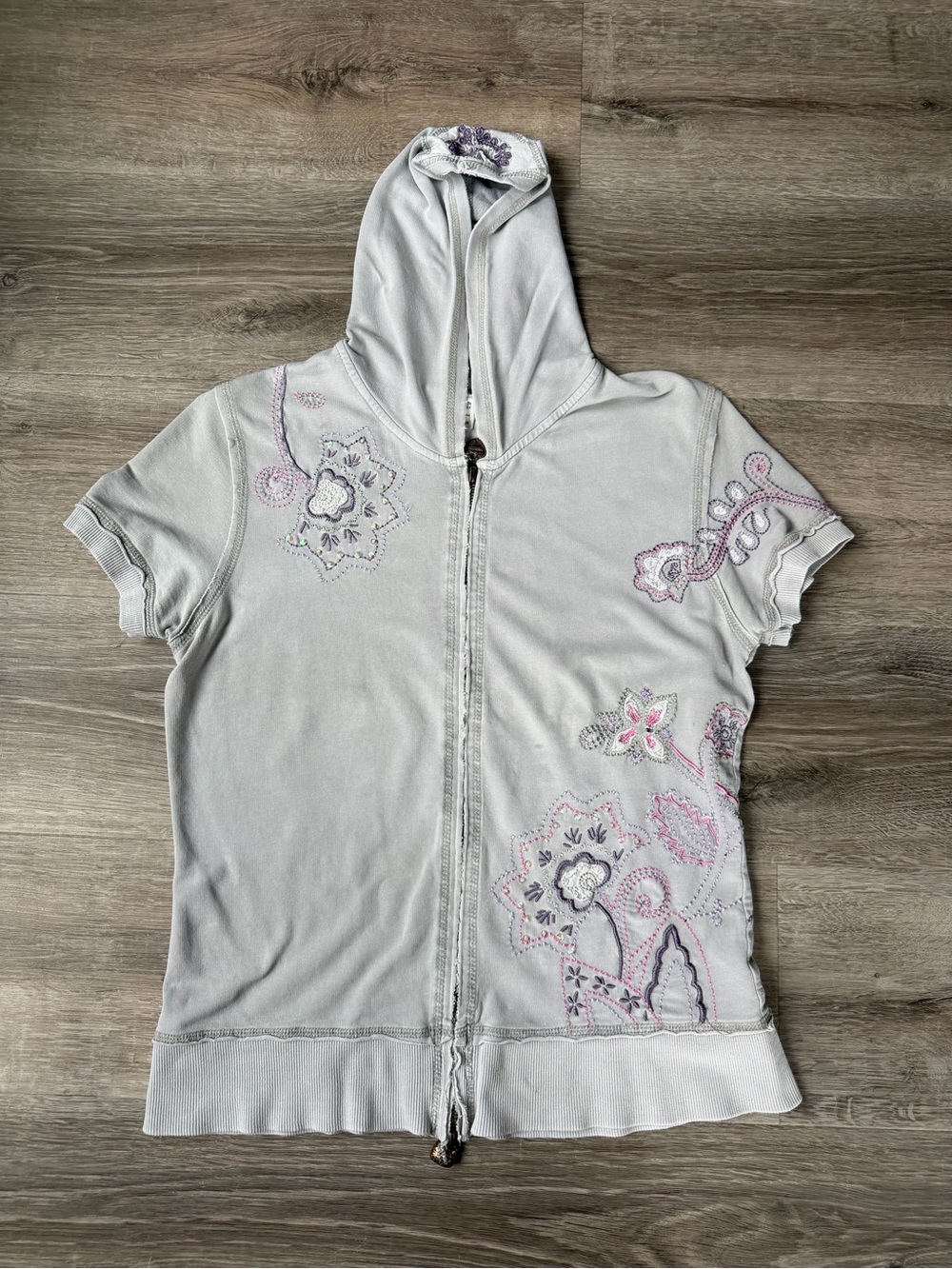 Vertigo Paris Light Gray Hooded Zip-Up Top with Pink & Purple Embroidery